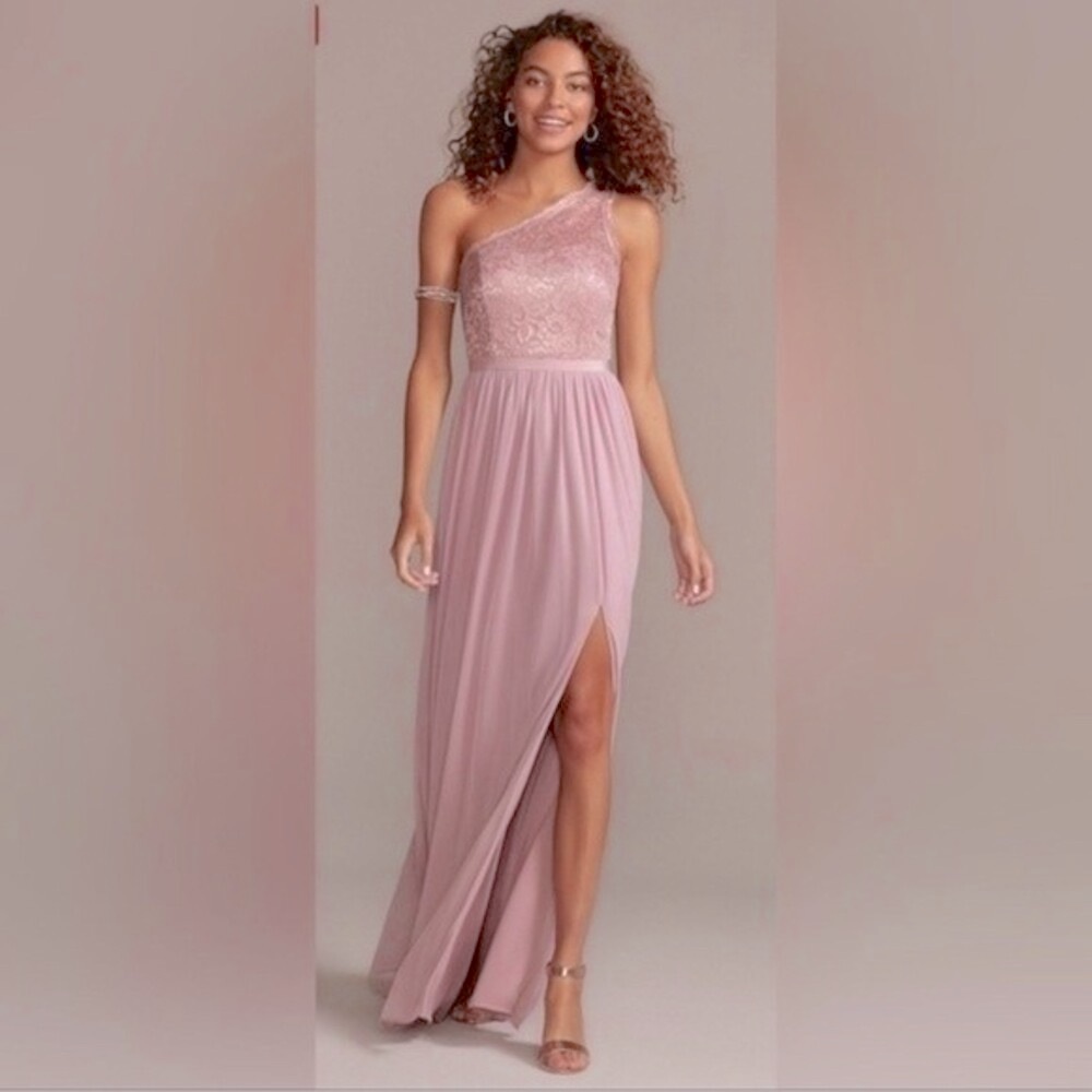 David’s Bridal Cameo Pink One Shoulder Lace Chiffon Gown Size 10 Formal Dress - Picture 9 of 9